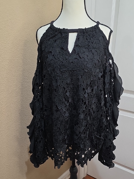 INC International Concepts Tops - INC International Concepts Black Floral Lace Cold-Shoulder Blouse